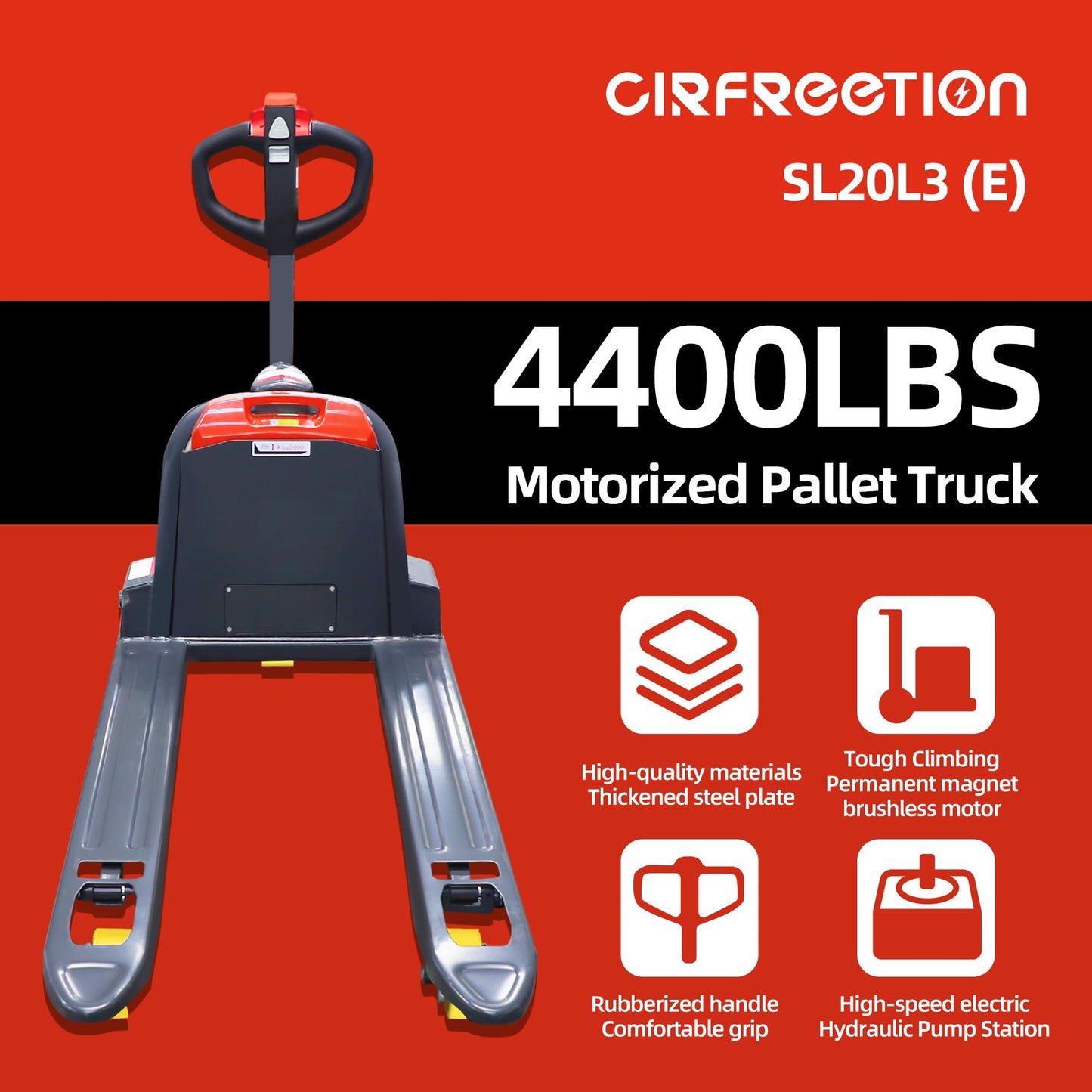 Electric Pallet Jack Truck Lithium Battery Truck Motorized Lift Trucks 4400lbs Capacity 48" x27" Fork Size for Indoor Storage and Handling-Classic Red-CIRFREETION- SL20L3