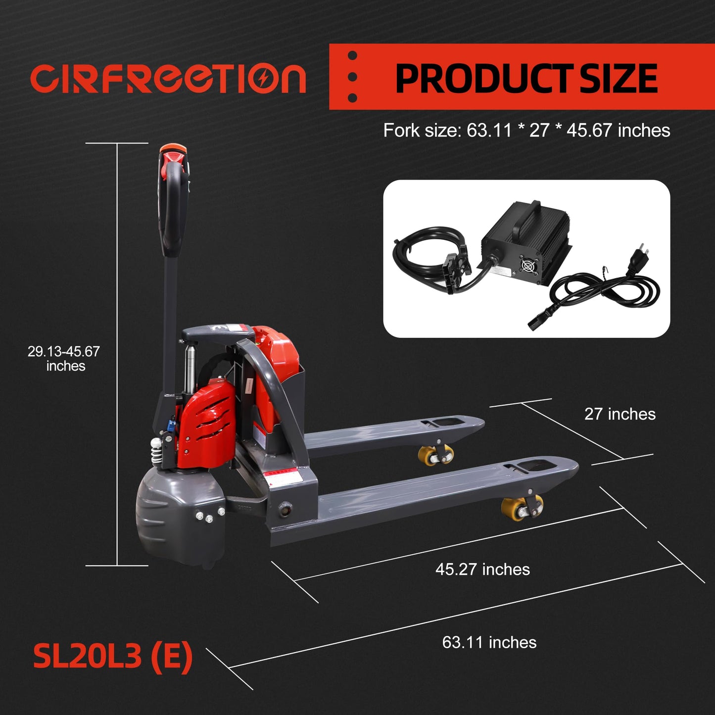 Electric Pallet Jack Truck Lithium Battery Truck Motorized Lift Trucks 4400lbs Capacity 48" x27" Fork Size for Indoor Storage and Handling-Classic Red-CIRFREETION- SL20L3